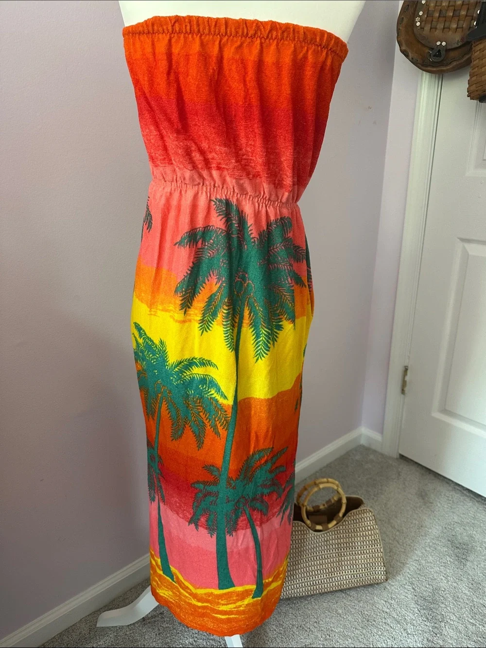 Vintage 90s Terrycloth Strapless Tropical Maxi Dress